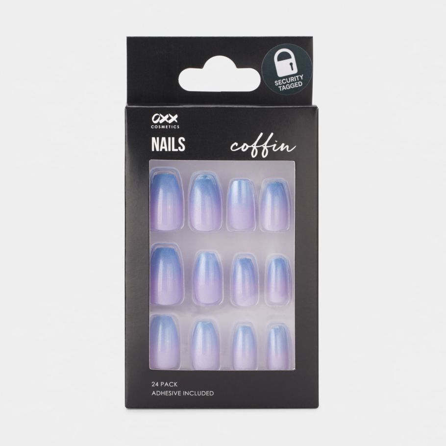 OXX Cosmetics 24 Pack Artificial Nails With Adhesive - Coffin Shape, Dual Tone Mermaid Pearl Holographic Shimmer