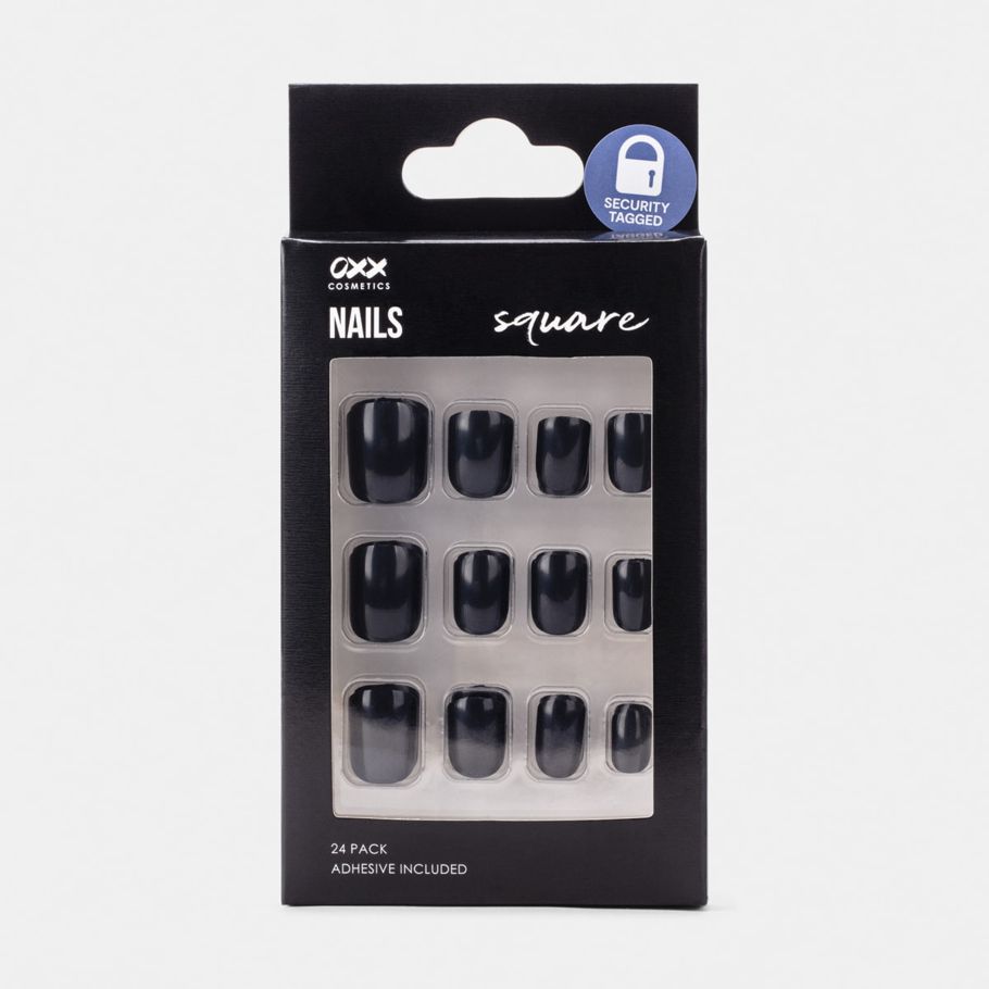 OXX Cosmetics 24 Pack False Nails with Adhesive - Square Shape, Black Gloss