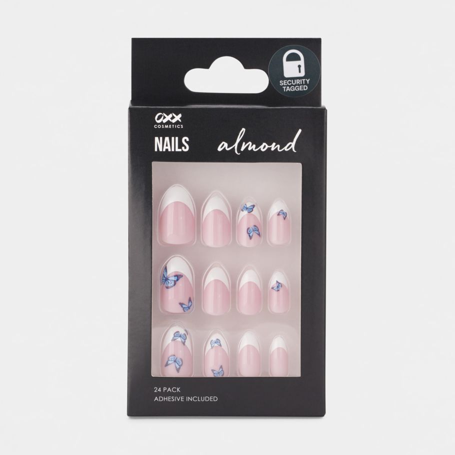 OXX Cosmetics 24 Pack Artificial Nails With Adhesive - Almond Shape, Blue Butterfly