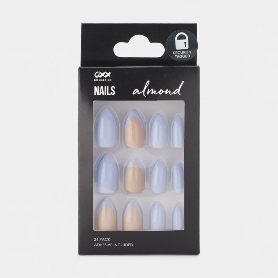 OXX Cosmetics 24 Pack Artificial Nails With Adhesive - Almond Shape, Nude & Blue