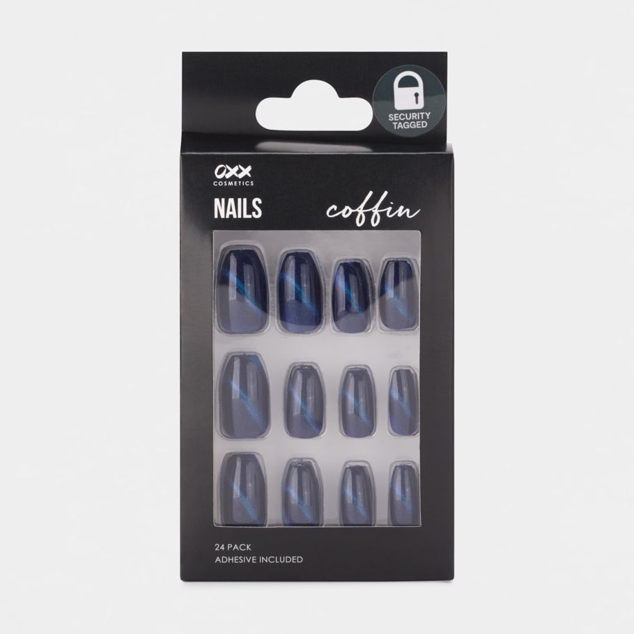 OXX Cosmetics 24 Pack Artificial Nails with Adhesive - Coffin Shape, Blue Tiger Eye