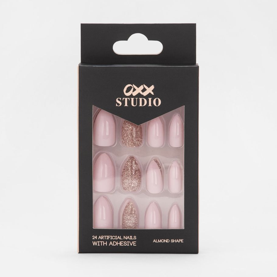 OXX Studio 24 Pack Artificial Nails with Adhesive - Pink Glitter