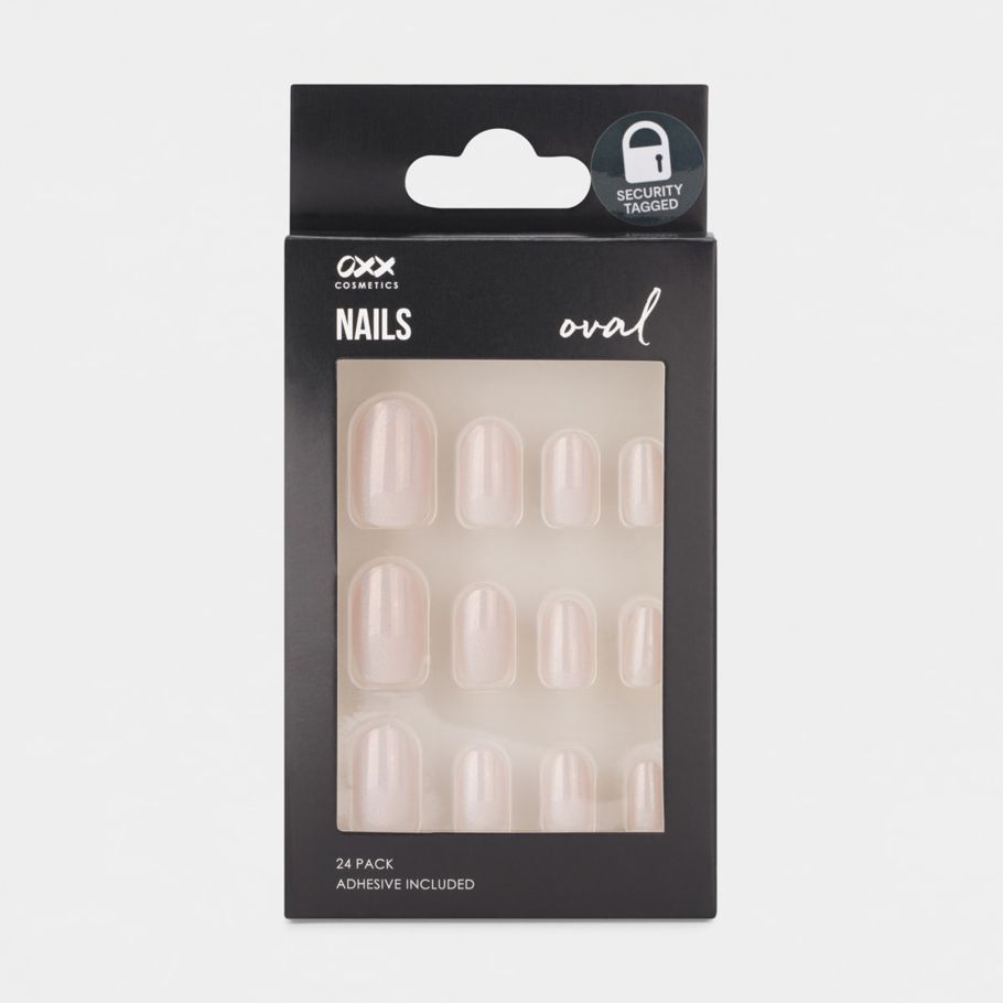 OXX Cosmetics 24 Pack Artificial Nails With Adhesive - Oval Shape, Pearl Holographic Shimmer