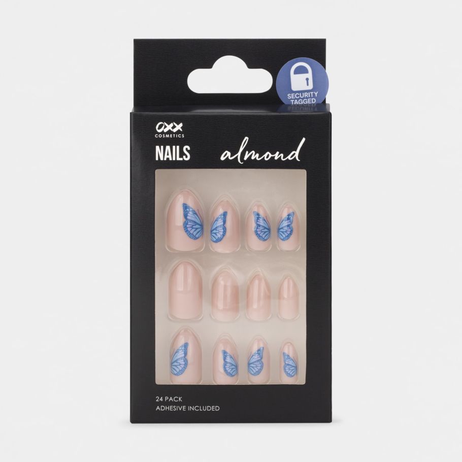 OXX Cosmetics 24 Pack Artificial Nails with Adhesive - Almond Shape, Butterfly Nude