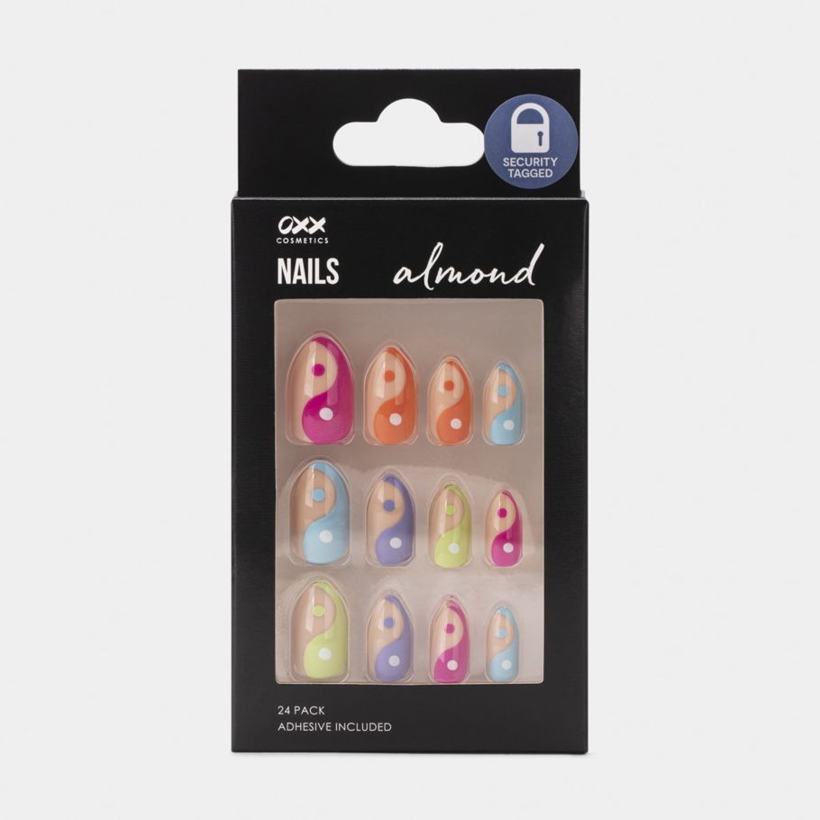 OXX Cosmetics 24 Pack Artificial Nails With Adhesive - Almond Shape, Rainbow Yin Yang
