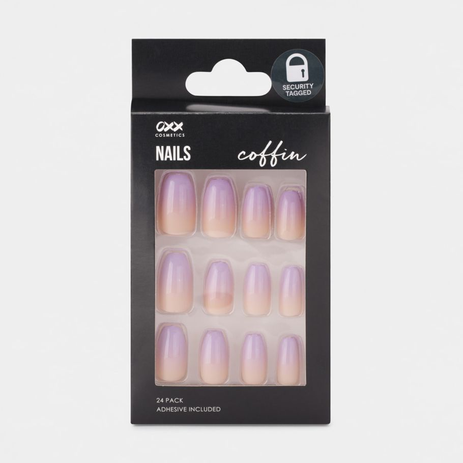 OXX Cosmetics 24 Pack Artificial Nails with Adhesive - Coffin Shape, Lilac Ombre