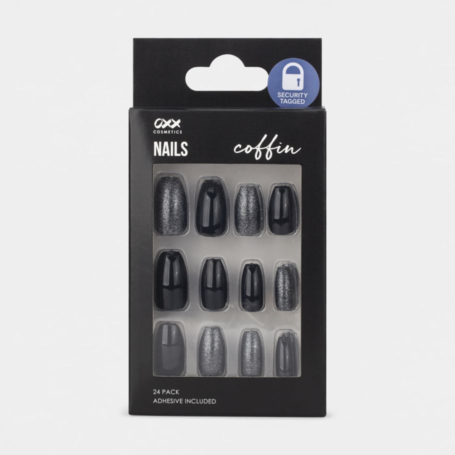 OXX Cosmetics 24 Pack Artificial Nails with Adhesive - Coffin Shape, Black and Chunky Glitter Gloss