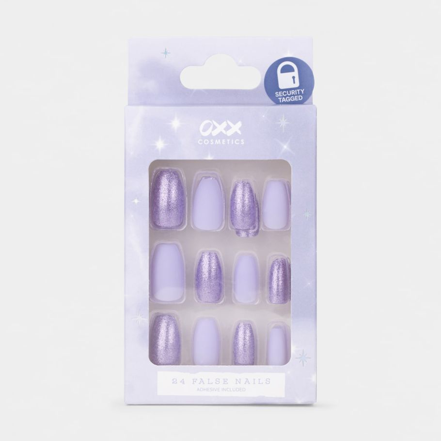 OXX Cosmetics 24 Pack False Nails with Adhesive - Coffin Shape, Lilac Glitter