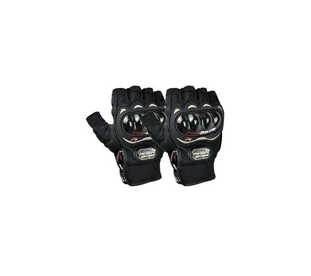 Pro-Biker Motorcycle Carbon Half Finger Gloves - Black