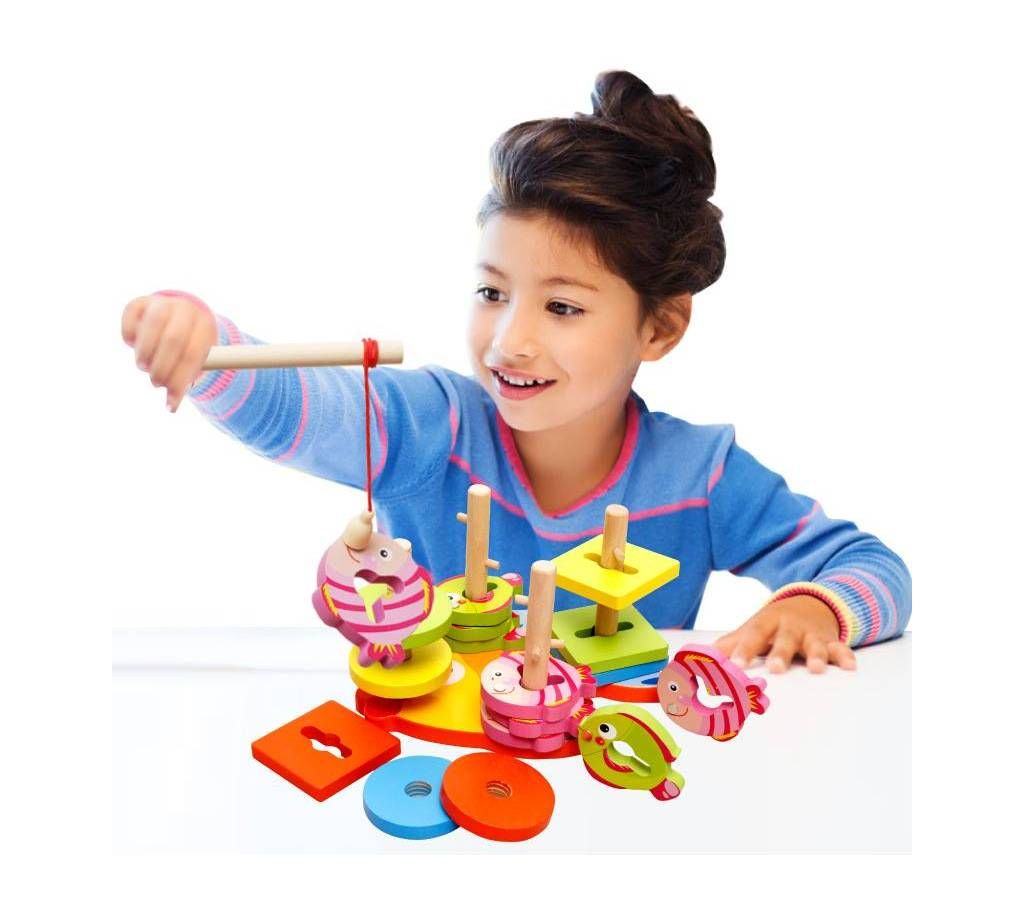 2 In 1 Magnetic Fishing Geometry Matching Column Building Block Sort Wooden Toys