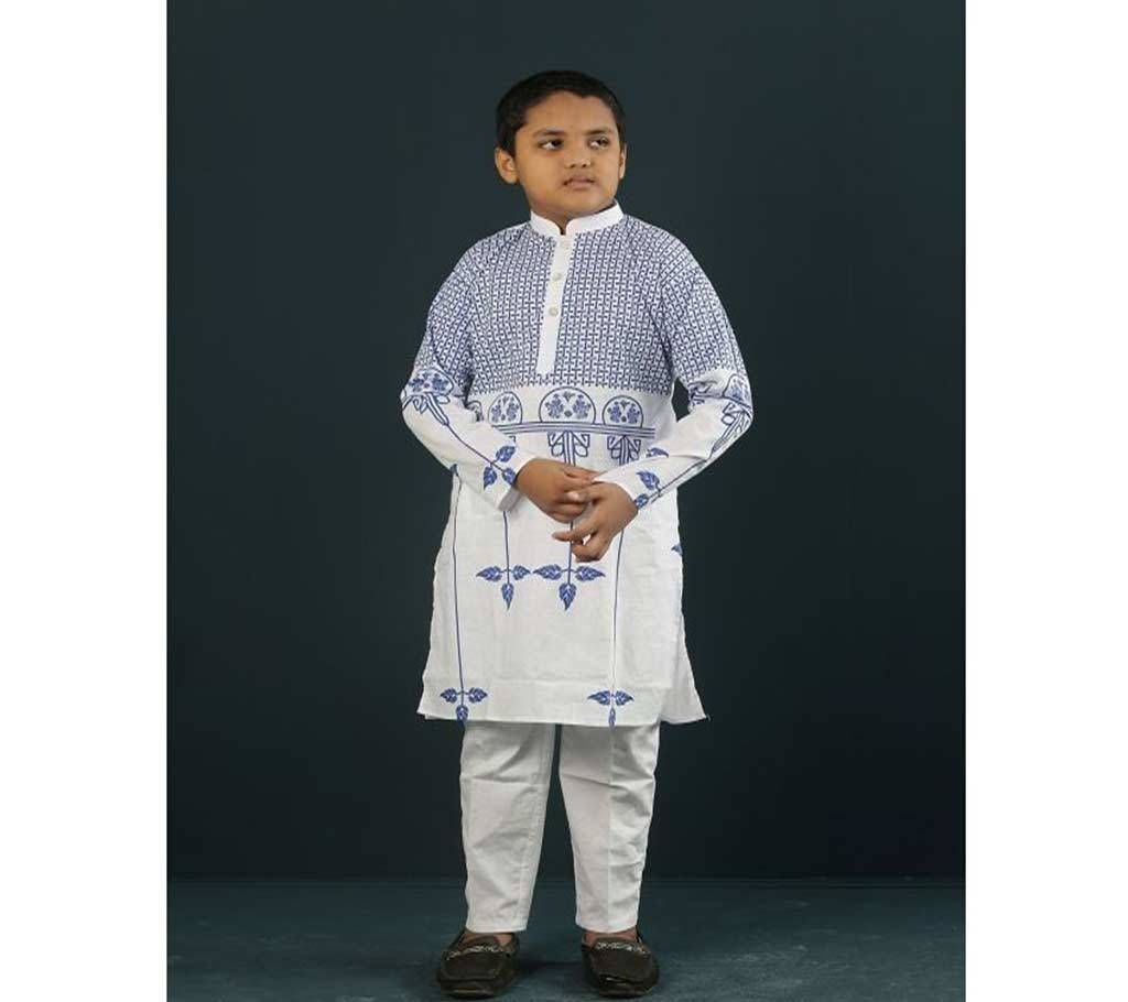 Stylish Kids Panjabi White With Blue Leaf Design Color  191137