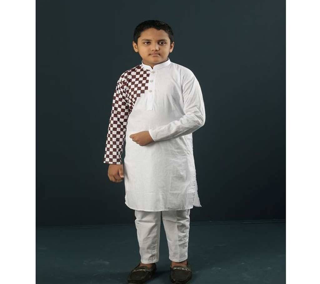 Stylish Kids Panjabi White With Cream One Hand Side Design Color- 191133