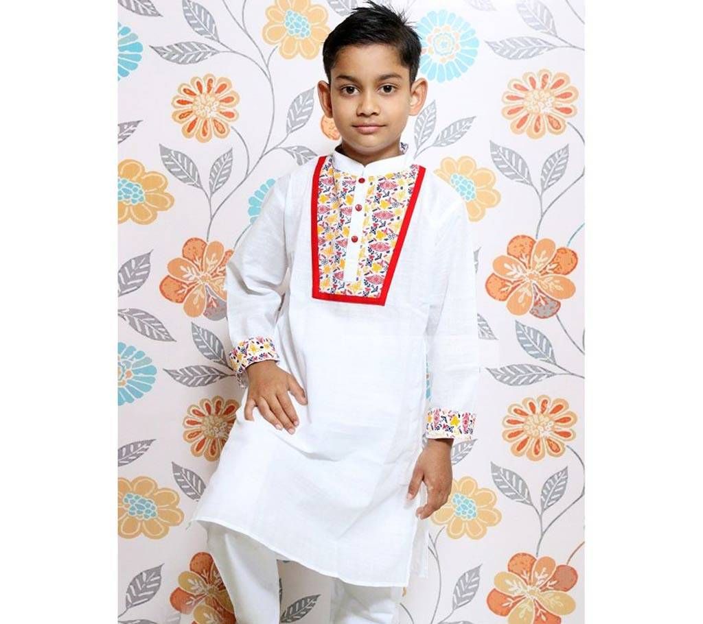 White Screen printed Kids Panjabi and Payjama Set by Ritzy