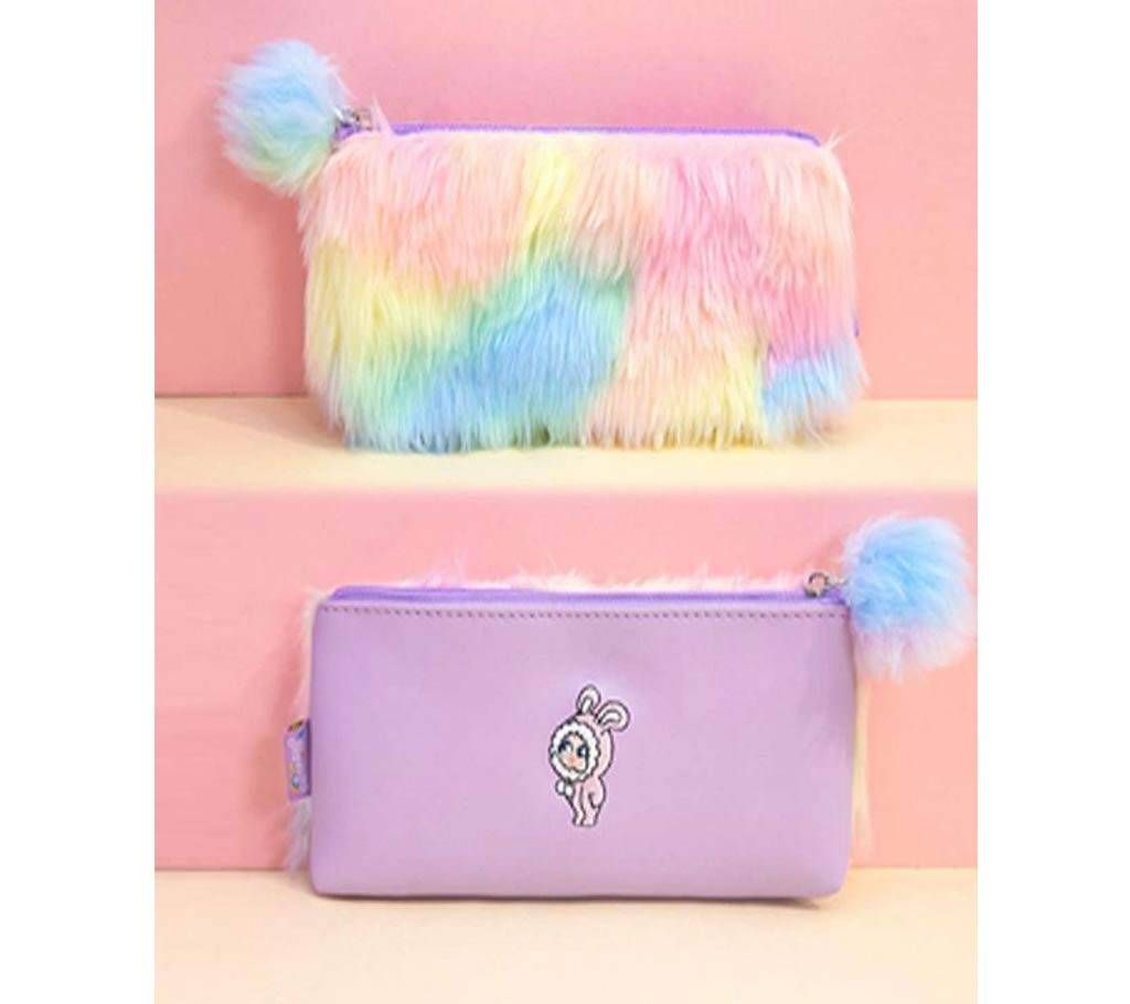 Rainbow Color Plush Fur Pencil Case Cartoon Pen Bag for Girls