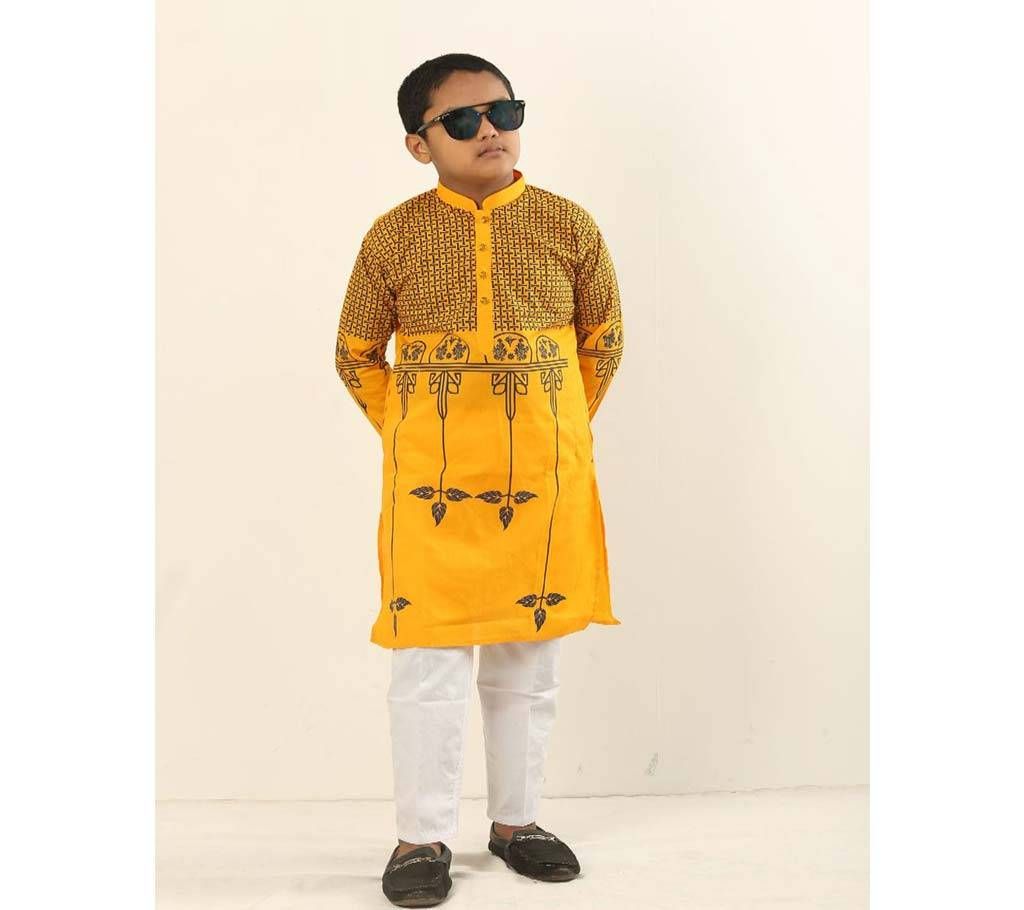 Eid Stylish Kids Panjabi Yellow With Black Leaf Design Color - 191141