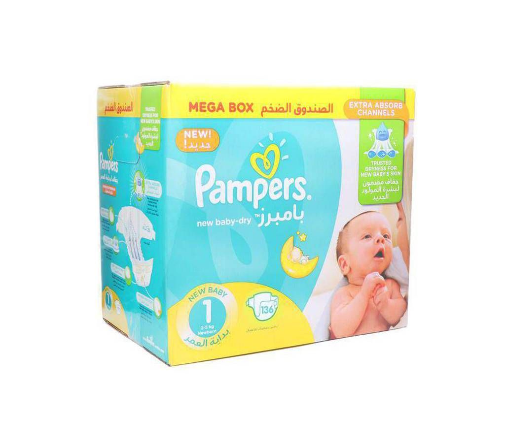 Pampers New Baby Dry Jumbo Box Size-1 Mini (2-5 KG) 136 Diapers