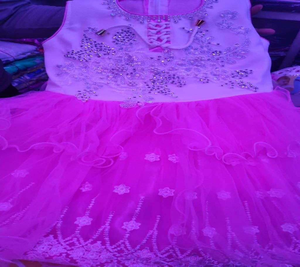 Pink and White Polyester and Viscose Party Dress for Girls...