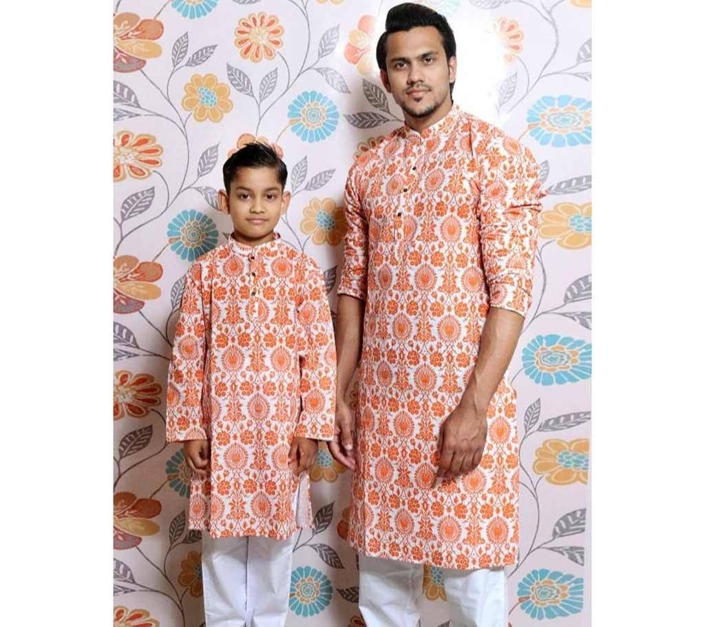White all over printed Mens and Kids Panjabi Payjama Set