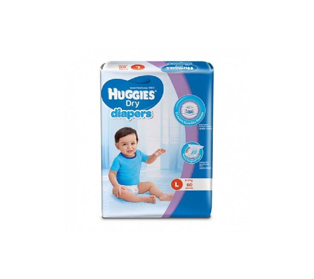 Huggies Dry Diaper (L) 8-13kg 60Pcs - Malaysia