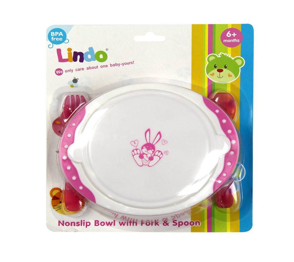 Lindo Nonslip Bowl With Fork & Spoon  Pink Lunch Box