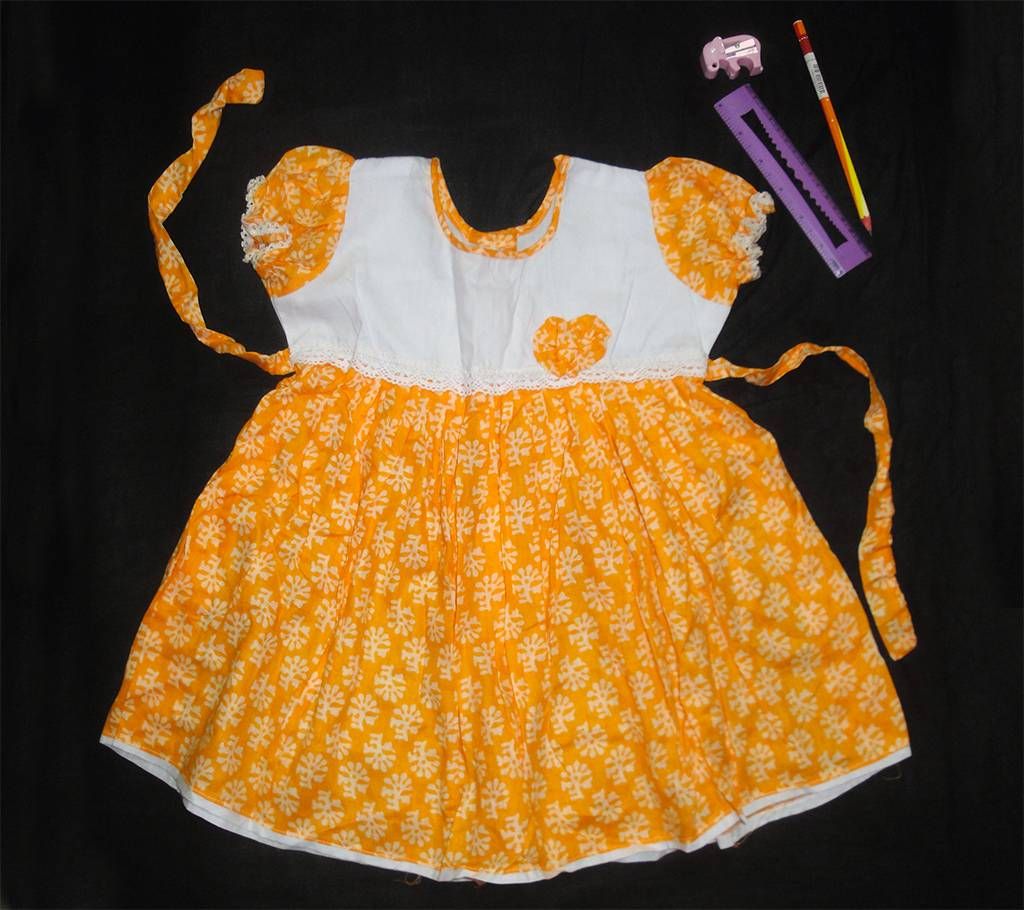 Yellow Printed Ghoti Sleeve Cotton Frock