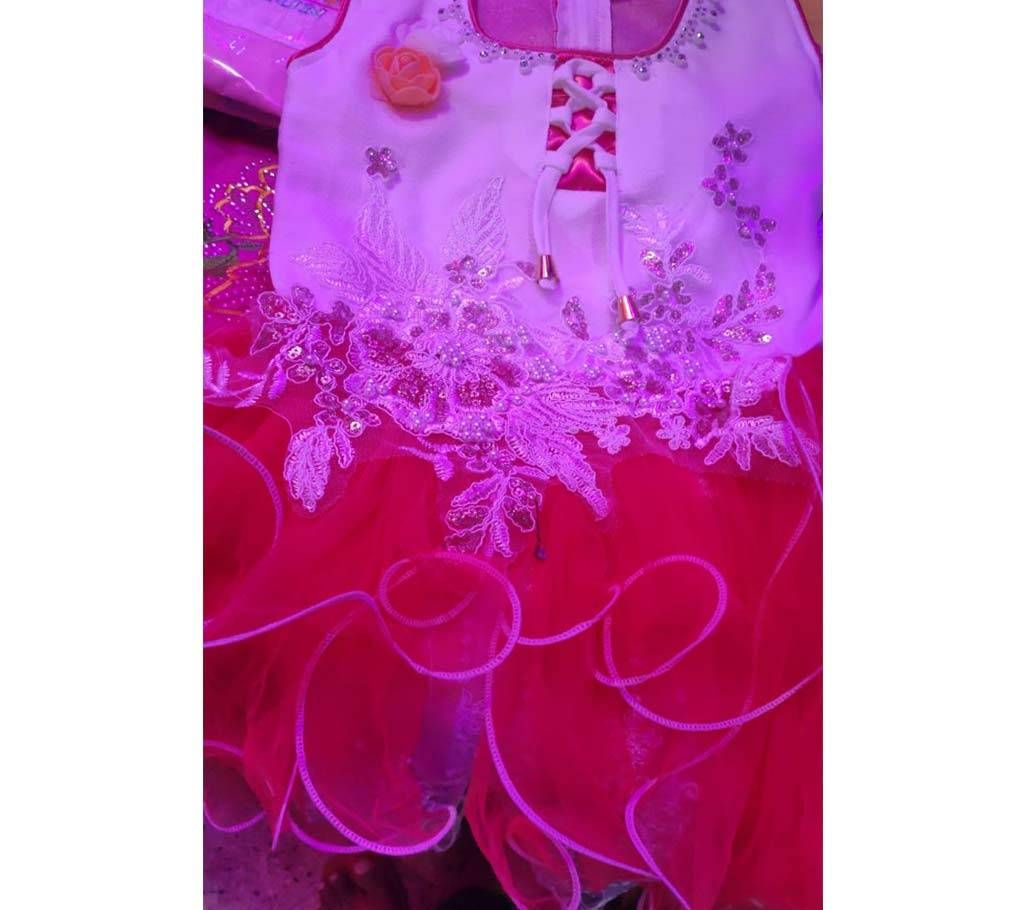 Cotton and Linen Baby Party Frock-White and Red