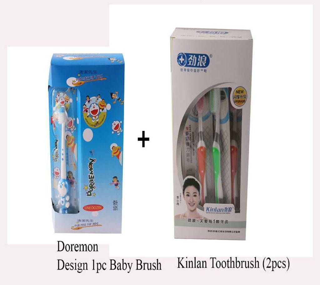 Kinlan Toothbrush (2pcs) + Doraemon Baby Toothbrush 1pc- Combo Pack