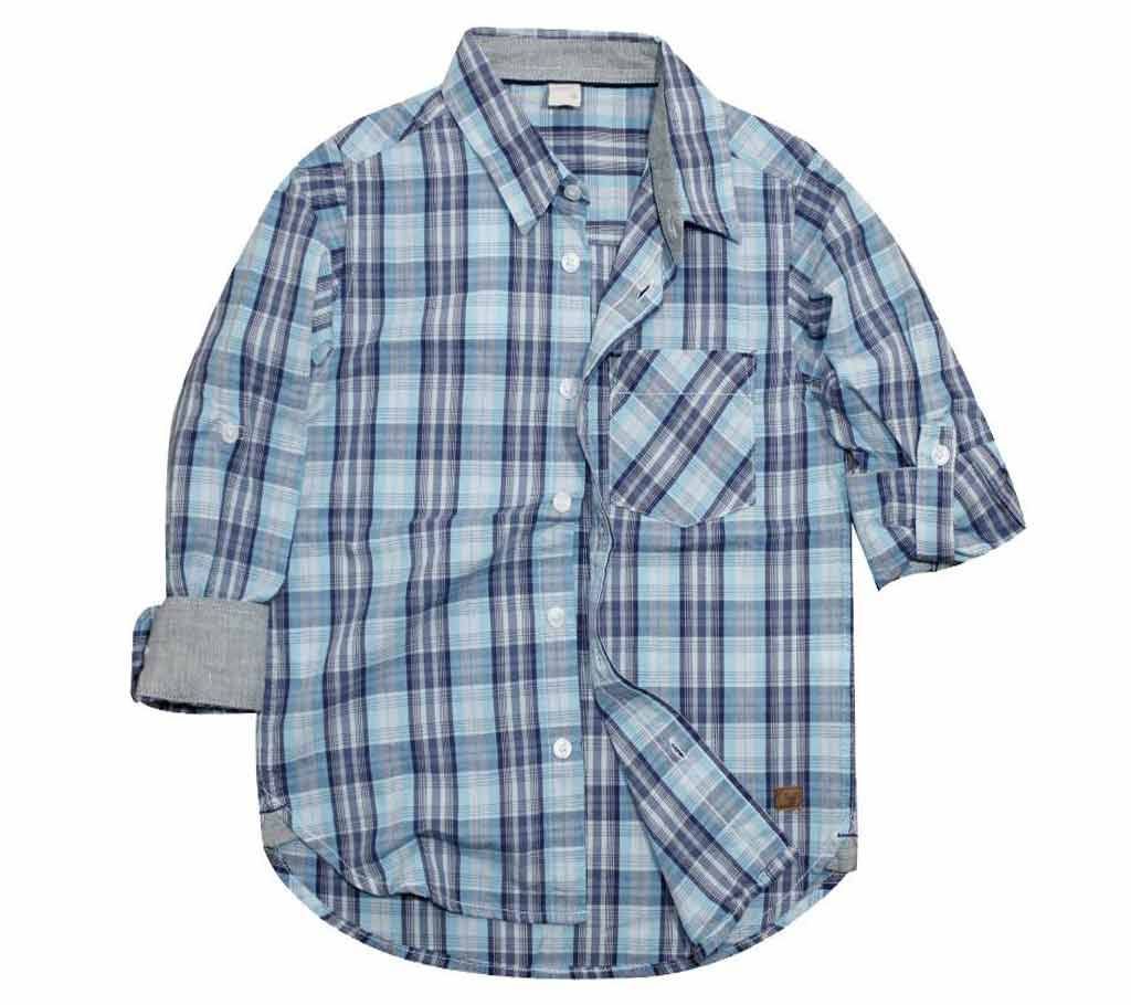 Green color check cotton long sleeve boys shirt