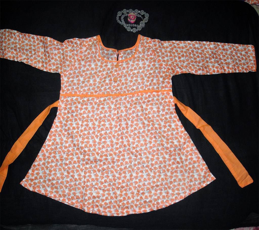Orange Printed Full Sleeve Cotton Frock