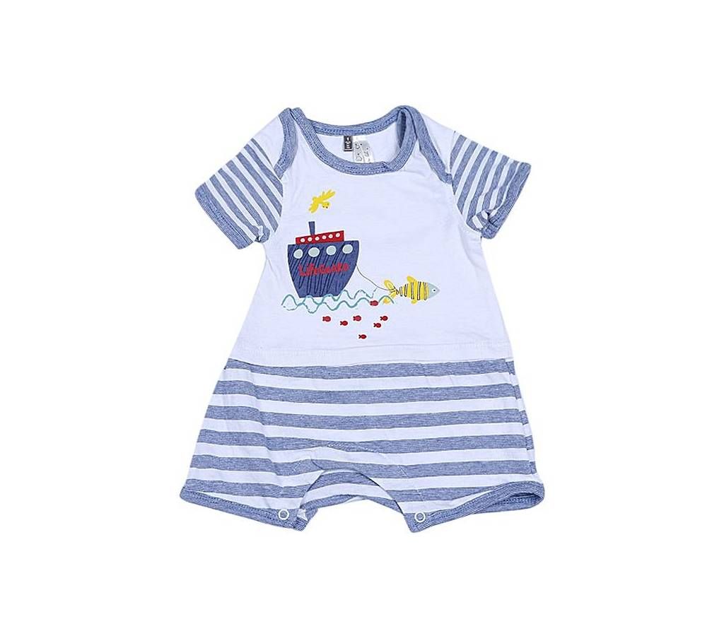 White and Blue Cotton Romper For Girls