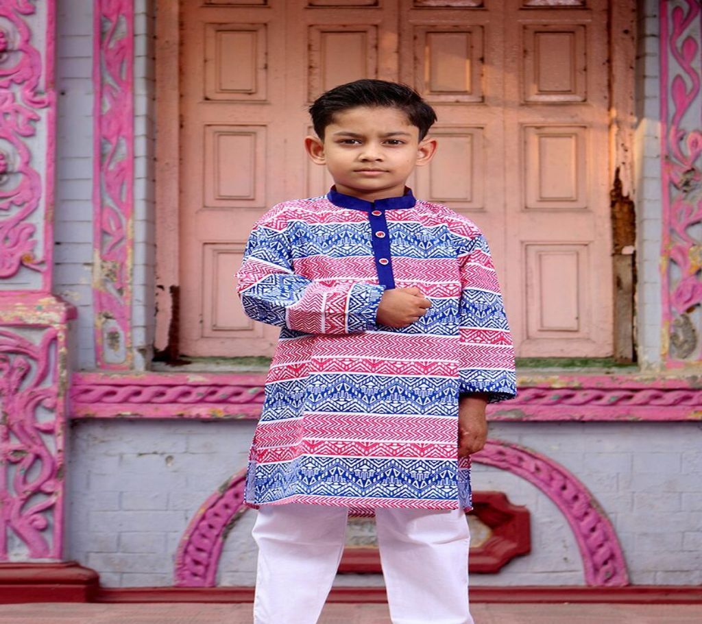 Kids Panjabi Payjama Set - KPL 09 - Off White with Red Pink and Blue Design