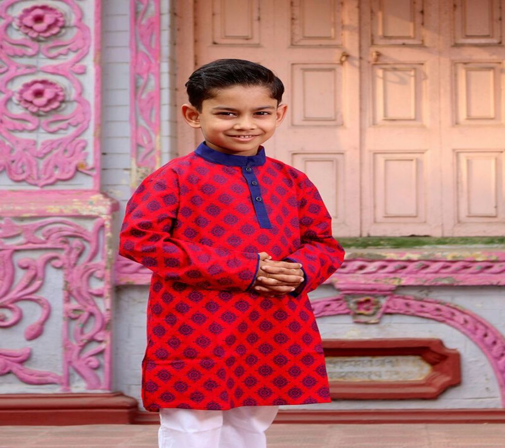 Kids Panjabi Payjama Set - KPL 10 - Red Maroon with Blue Neck