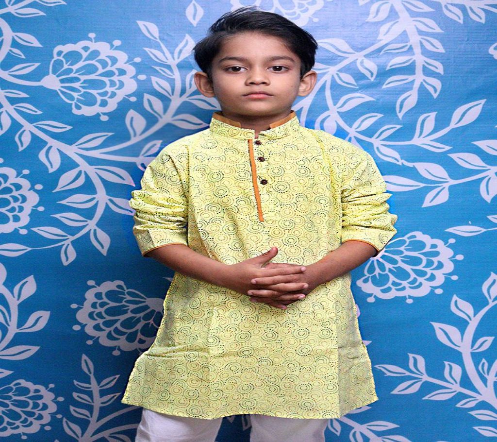 Kids Panjabi Payjama Set - KPL 11 - Yelllow Green Round Design