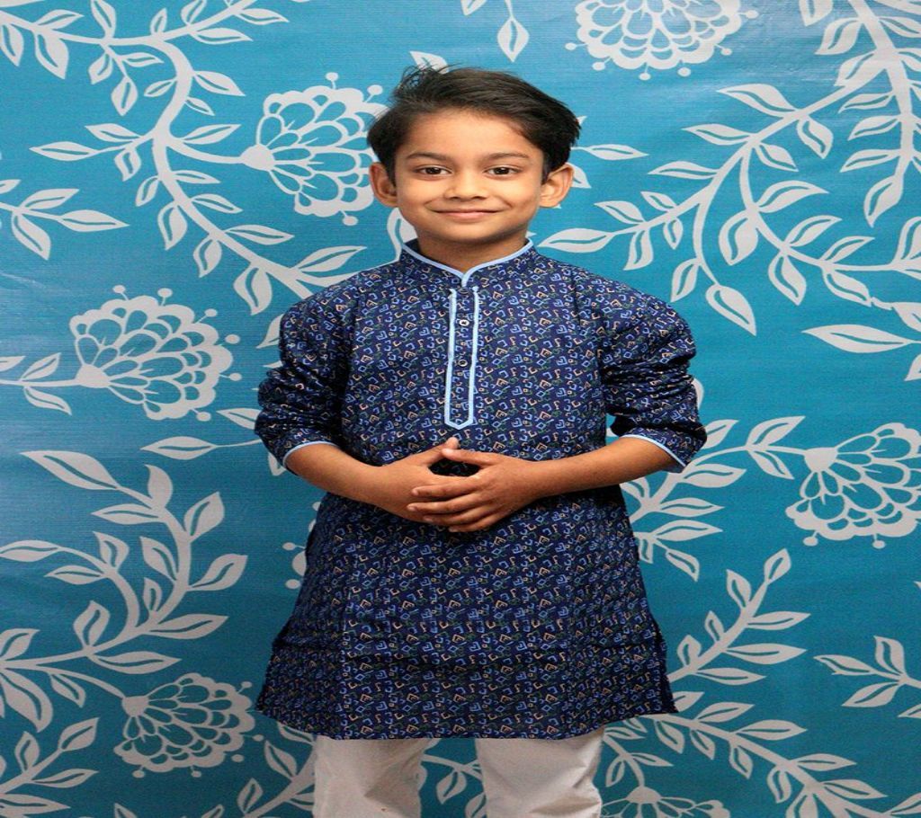 Kids Panjabi Payjama Set - KPL 13 - Dar Navy Blue with Multi Design