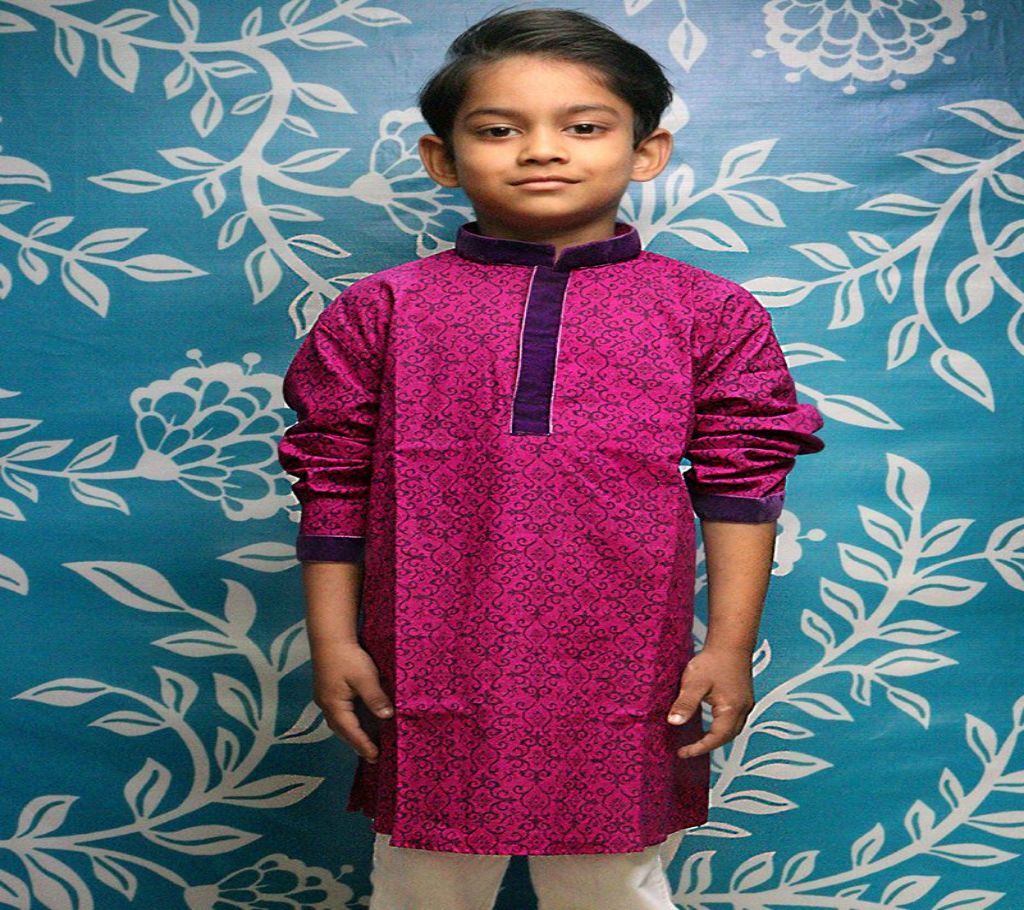 Kids Panjabi Payjama Set - KPL 14 - Hit Pink with Dark Magenta Neck
