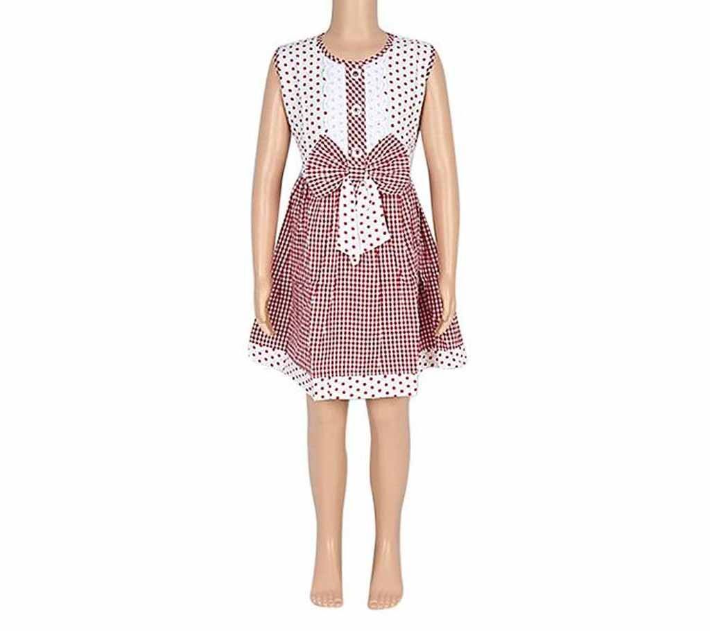 Red and White Linen Frock For Girls