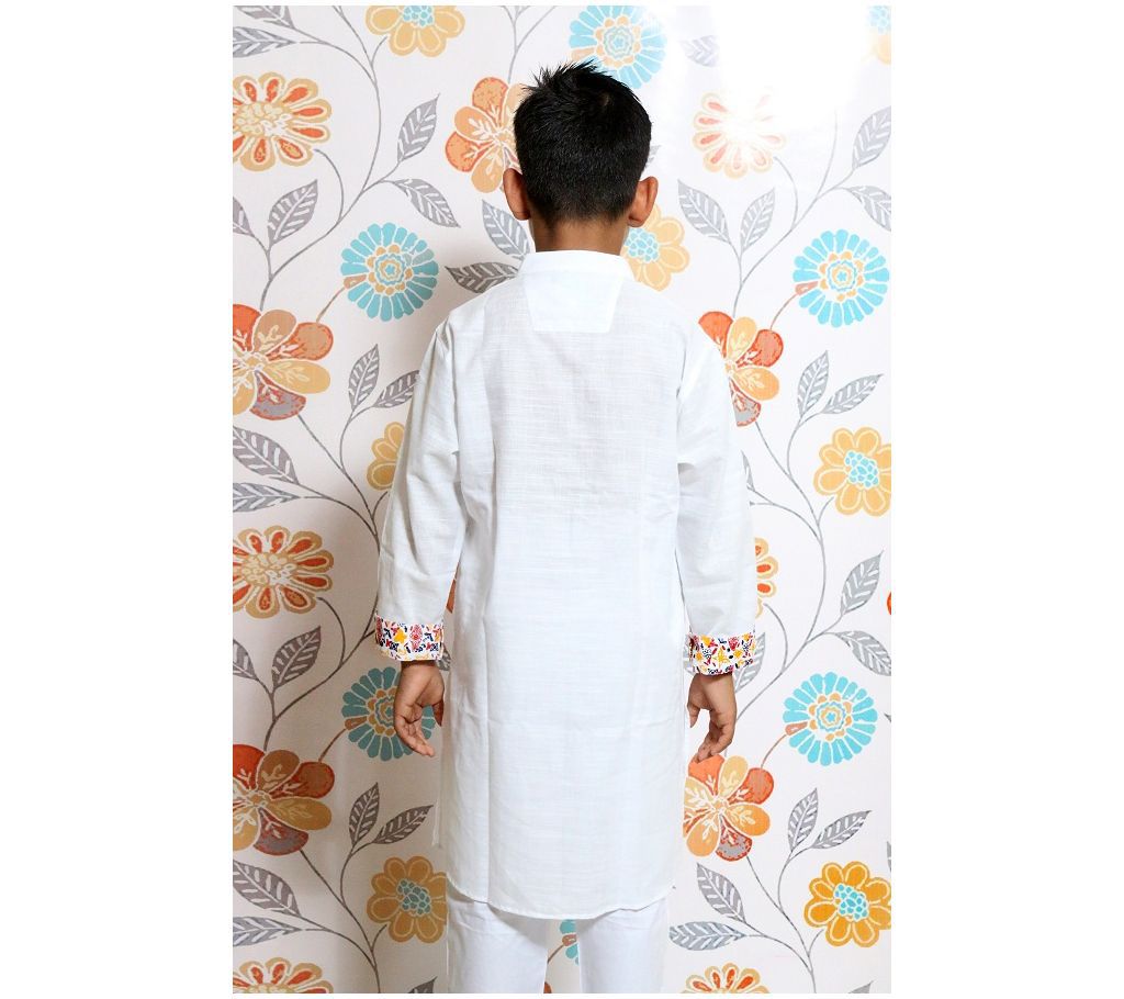 White Screen printed Kids Panjabi and Payjama Set by Ritzy