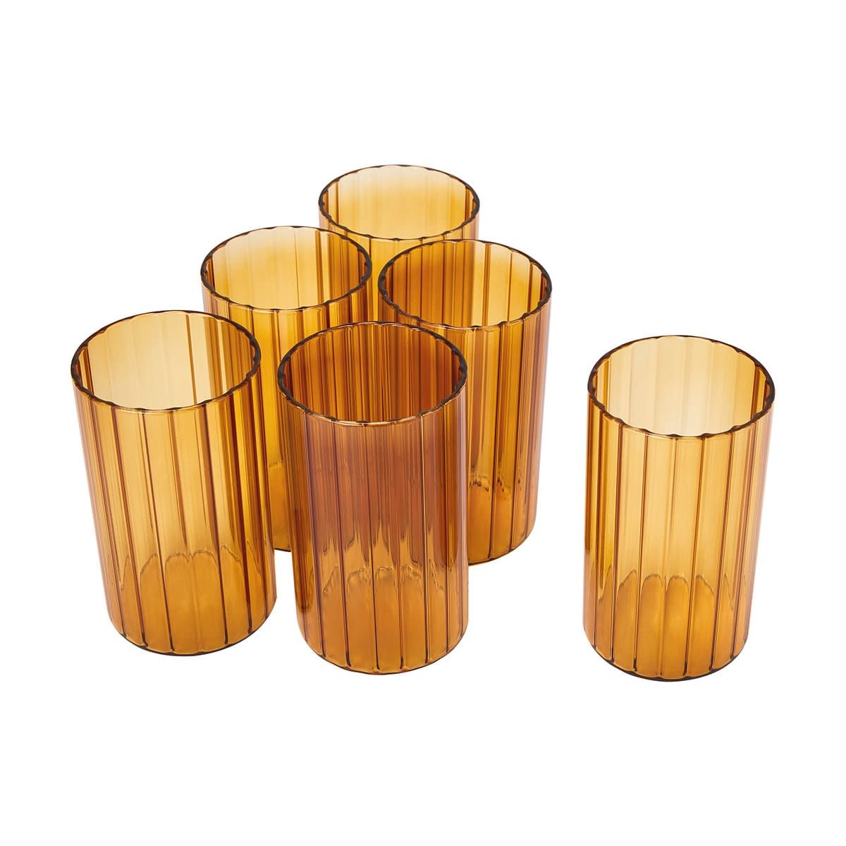 6 Amber Wavy Hiball Glasses