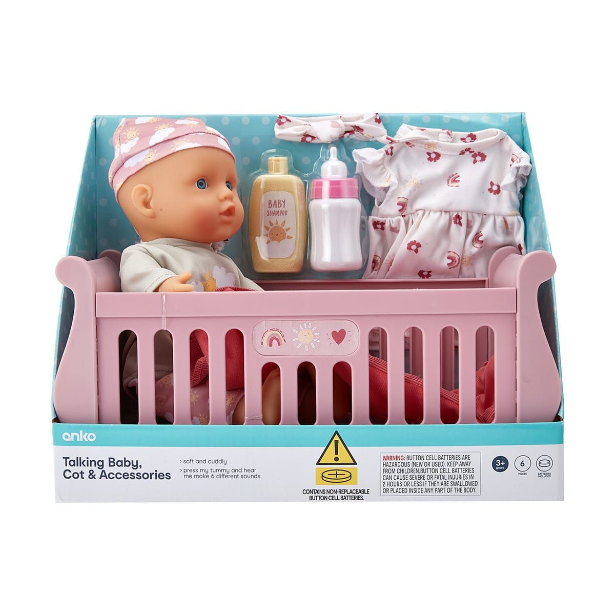6 Piece Talking Baby, Cot and Accessories