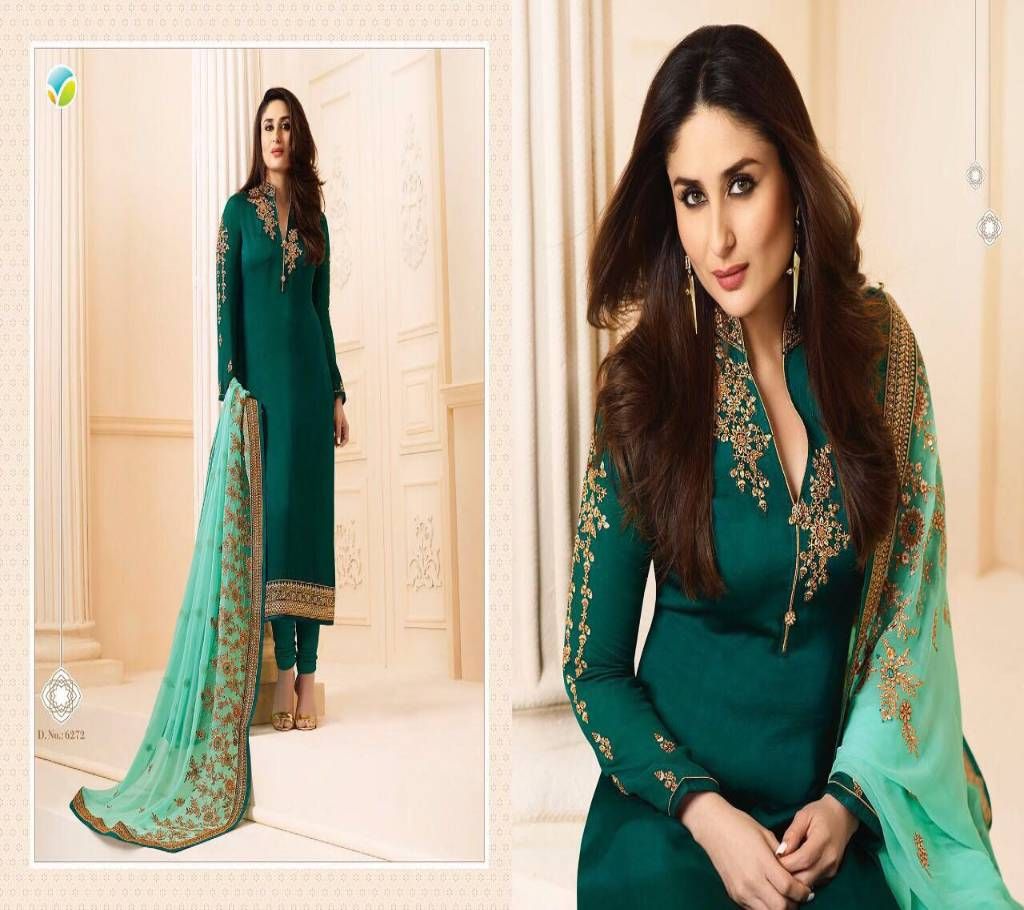 Unstitched Teal Green Satin Georgette Salwar Kameez - Copy