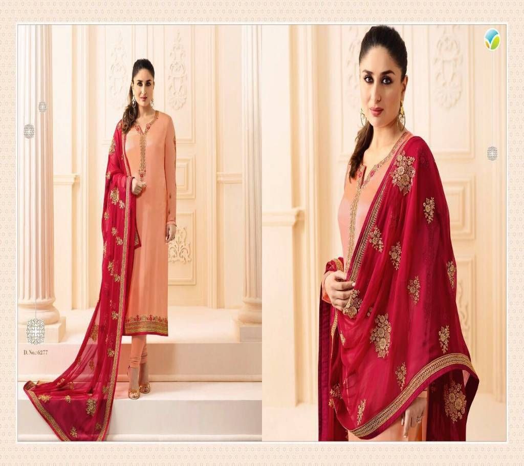 Unstitched Peach And Maroon Faux Georgette Salwar Kameez - Copy