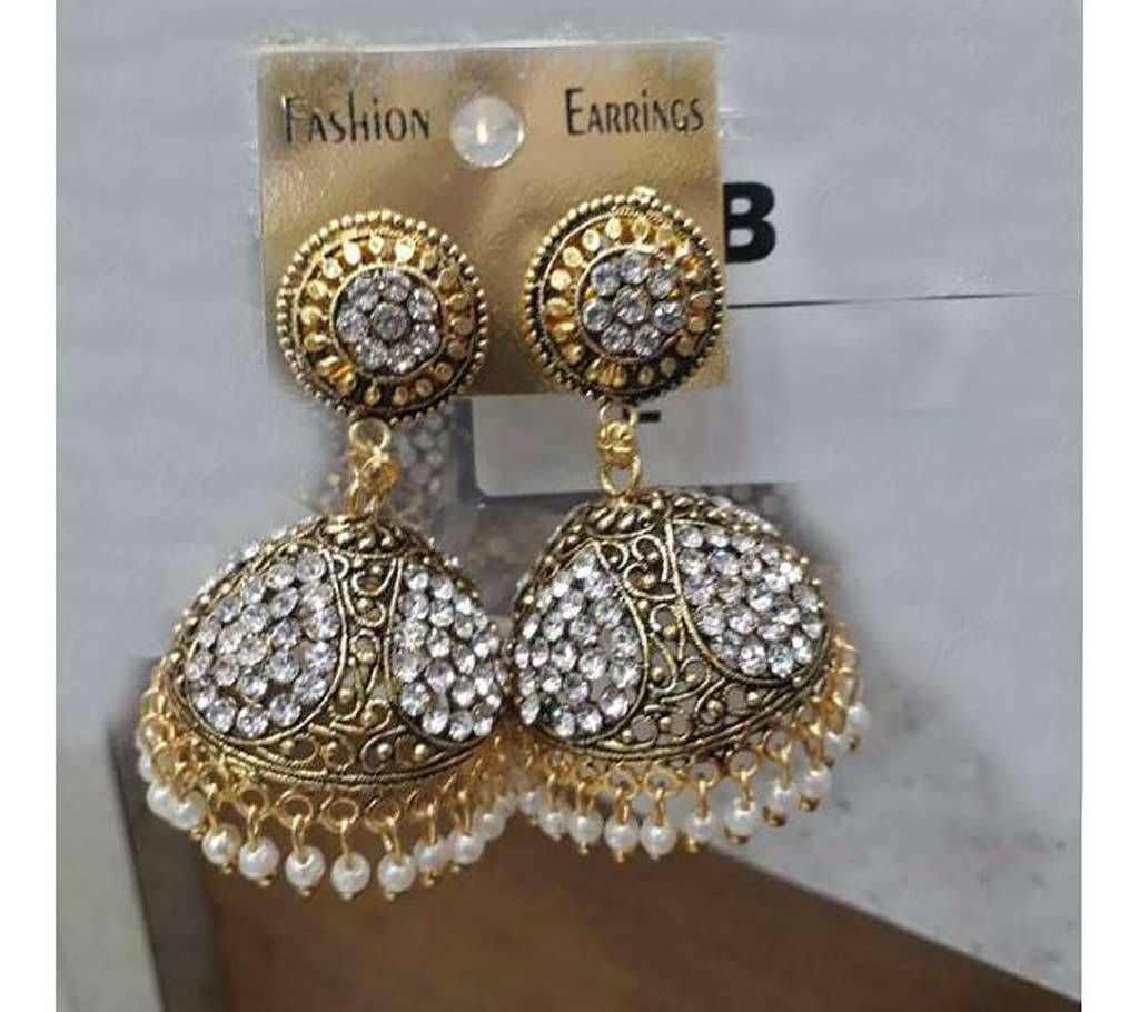 White & Red Stone Setting Gold Plated Jhumka