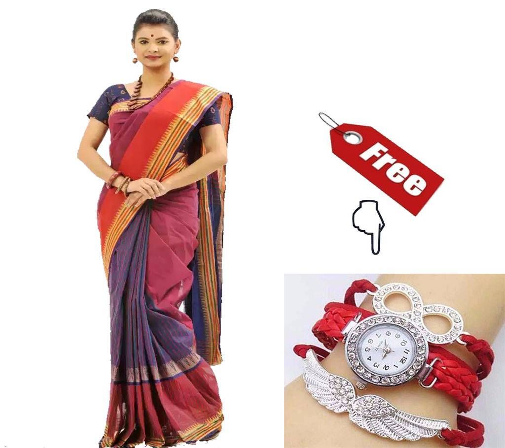 Colorful Cotton Saree With Free ladies Wrist Watch
