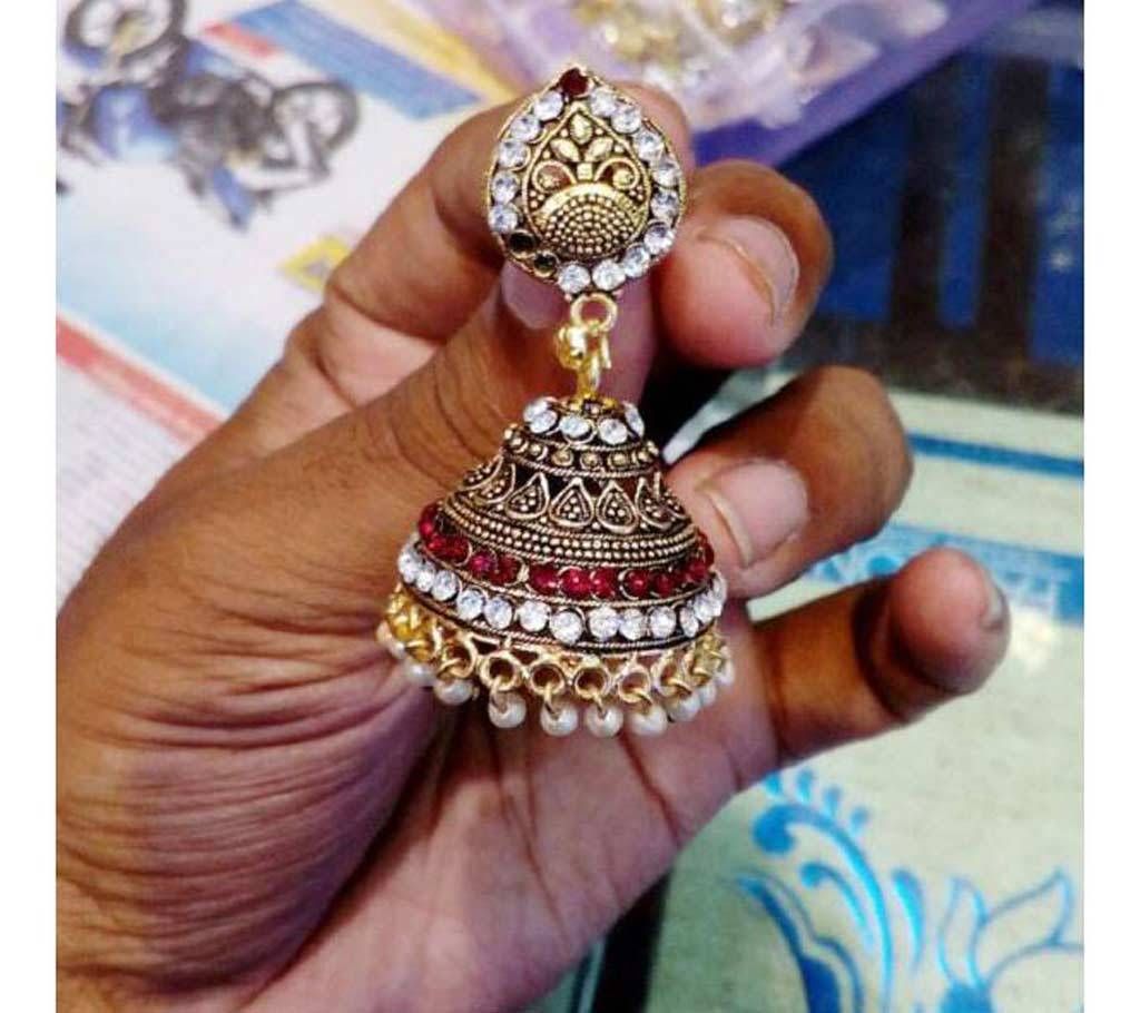 Red & White Stone Gold Plated Antique Jhumka