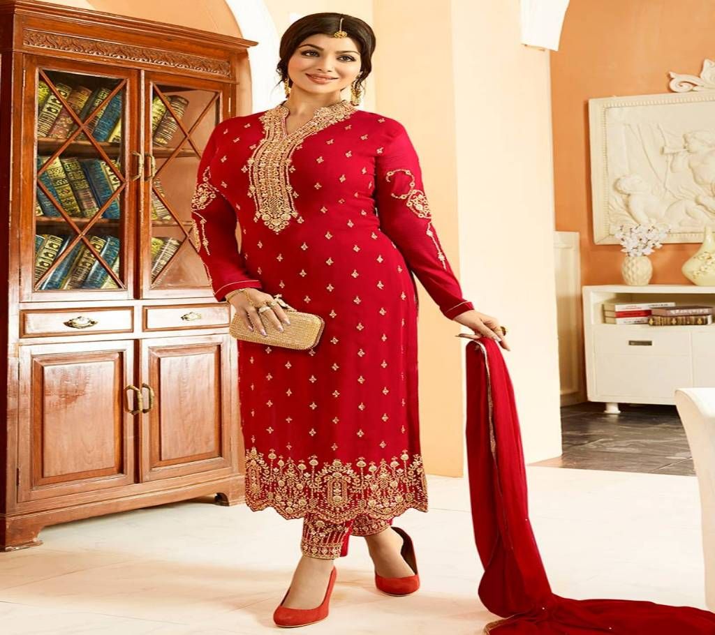 Unstitched Red Color Georgette Embroidery Salwar Kameez - Copy