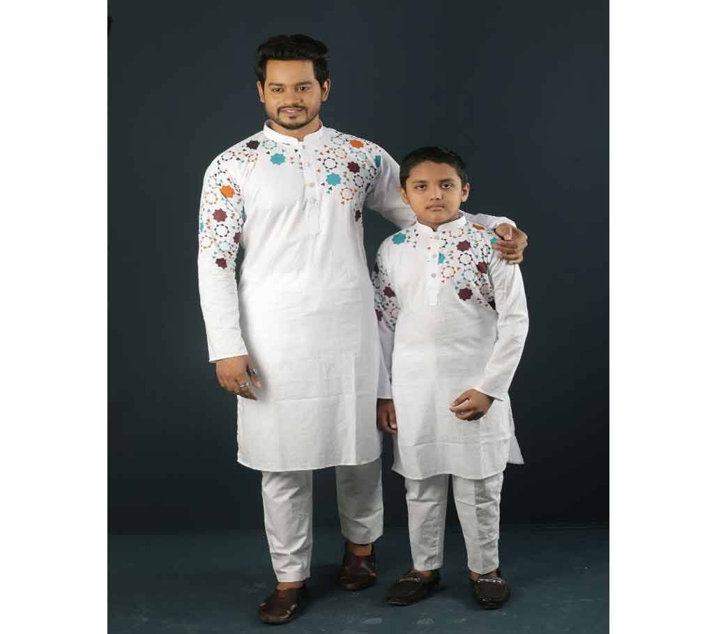 Combo Punjabi - 191149 - Off White with Aqua Green, Brown and Orange Star Design(Code-SU891) 1650 Description: Combo Punjabi - 191149 - Off White wit
