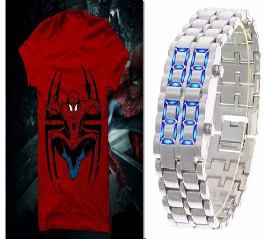 Spiderman Menz T-Shirt & Samurai LED Gents Watch Combo