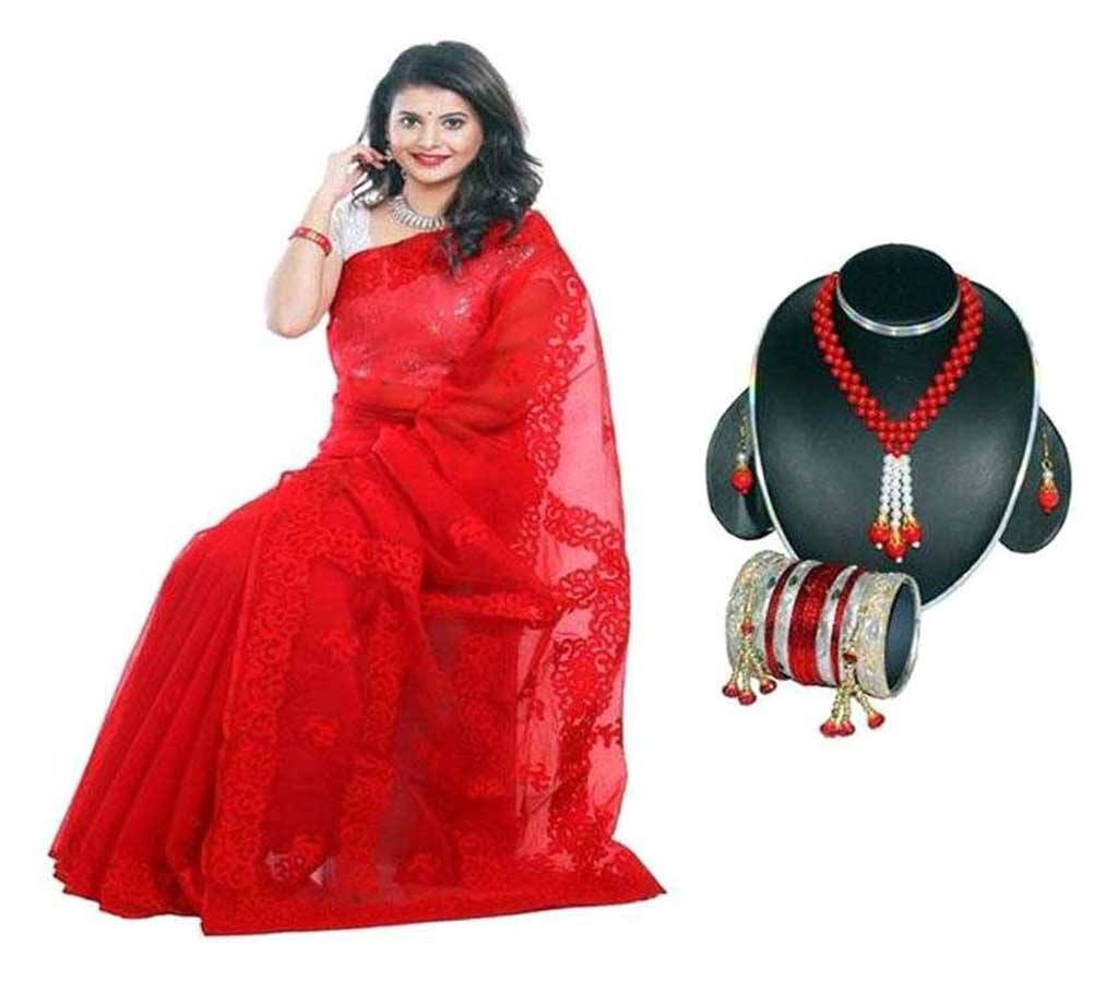Pure Muslin Silk Embroidery Saree with Necklace Set Free