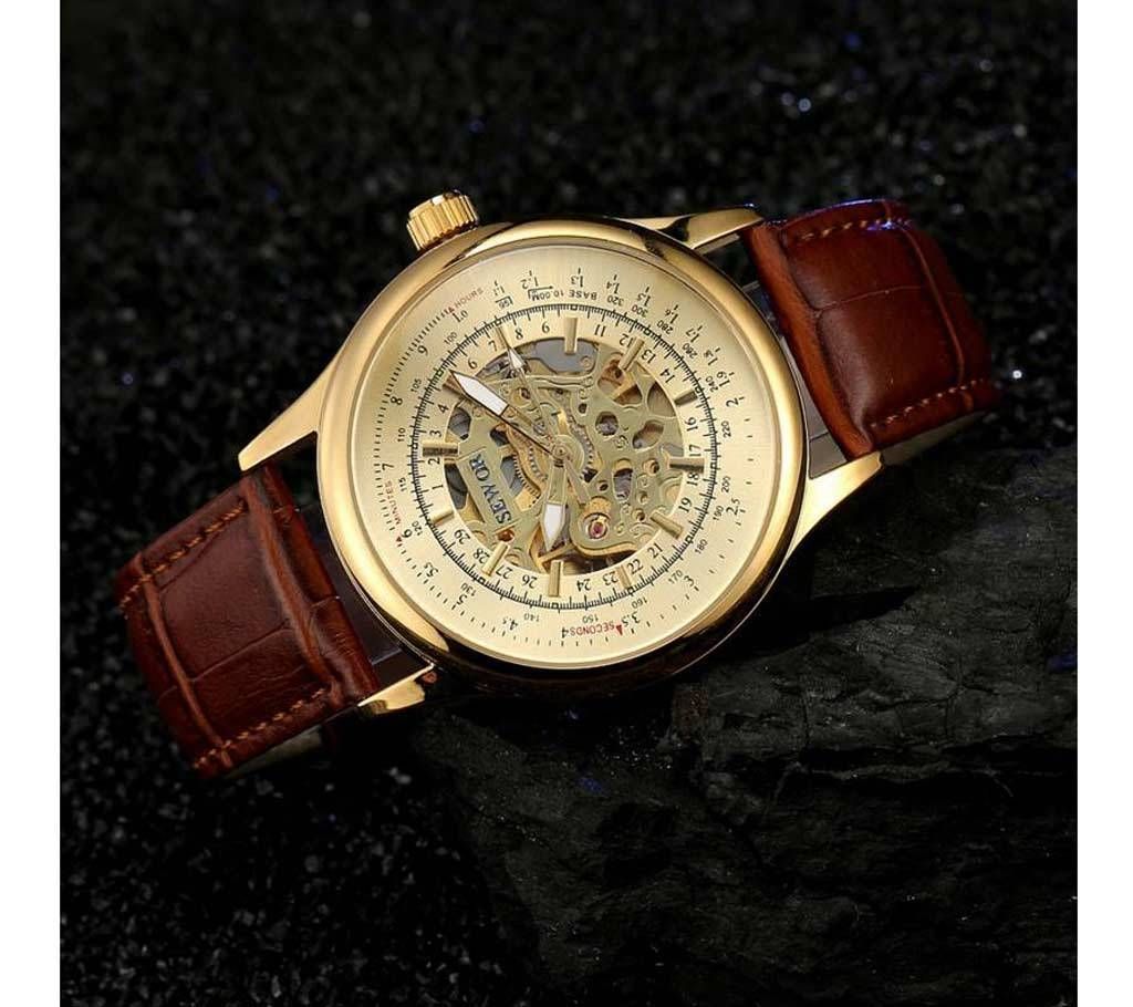 Sewor Men Luxury Golden Dial Chocolate Belt Skeleton Automatic Mechanical Watches