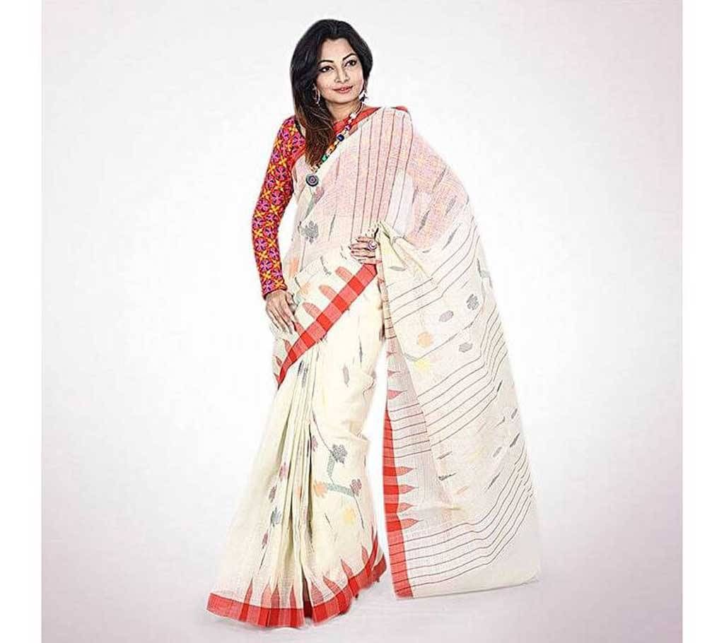 Indian Monipuri Taant Saree (White and Red)